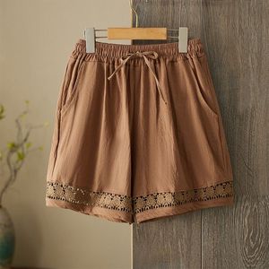 Women's Cotton Linen Shorts Elastic Waist Lace Trim Casual Summer Wide Leg Pants Breathable Khaki Hemp Black Coffee Yellow - Product Image 3
