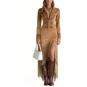 Vestido <span class=keywords><strong>de</strong></span> <span class=keywords><strong>Mujer</strong></span> Estilo Vaquero con Flecos <span class=keywords><strong>de</strong></span> Ante Sintético, Bordado y Cierre Frontal, Ajustado al Cuerpo, Moda Sehe - Product Image 2