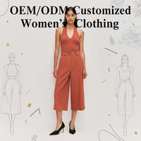 Ensemble deux pièces sur mesure pour femme, collection été : Haut dos nu en tricot côtelé couleur terre cuite et culotte taille haute à jambes larges