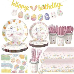 Cartoon Bunny Birthday Plates <strong>Cups</strong> Napkins Tableware Kit Disposable Tableware Wholesale Set - Product Image 2