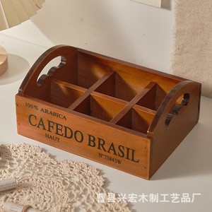 Caja de Almacenamiento de Madera con 6 Compartimentos, Organizador de Cosméticos de Escritorio con Asa Retro, Bandeja Multicompartimentos de Madera Sólida - Product Image 1