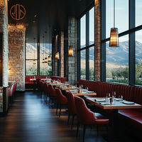 Ensemble de mobilier de restaurant commercial sur mesure Ron Group, banquette en forme de L à dossier haut, table carrée en bois massif, chaise ergonomique en cuir