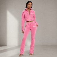 Ensemble de survêtement Y2K rose en velours personnalisé, veste courte zippée sexy, pantalon de survêtement évasé taille haute, vêtements imprimés avec logo, fabricant