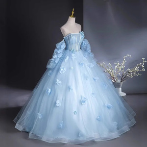 Light Blue Ball Gown Wedding Dress Strapless Empire Waist Tulle Floral Print Chic Bridal Gown - Product Image 3
