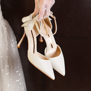 Zapatos de Tacón Alto Mary Jane con Punta Puntiaguda, Tacón de Aguja, Correa en el Tobillo, Decoración de Lazo de Satén, Zapatos de Mujer para Primavera, Vestido Formal de Boda - Product Image 3