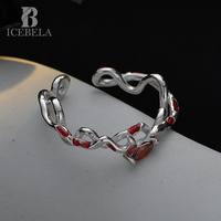 ICEBELA Bagues ouvertes en argent sterling 925, design serpent torsadé unique, zircon vert et rouge, bijoux fins tendance pour filles