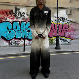 Ensemble de vêtements personnalisés avec logo brodé pour homme, veste à boutons, pantalon évasé délavé à l'acide, ensemble streetwear coupe ajustée - Product Image 1