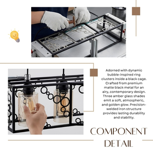 Suspension linéaire contemporaine à 3 lumières en cage de fer avec anneaux à bulles pour table à manger et comptoir de bar - Product Image 5