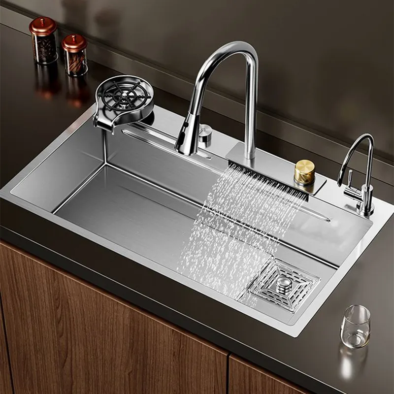 Argent Sus 304 acier inoxydable luxe fait main cascade robinet multifonction bol unique évier de cuisine