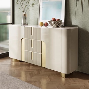 Credenza con Piano in Pietra Sinterizzata, Corpo in MDF, Finitura Crema, Finiture Dorate, Cassetti, Mobile Moderno per Soggiorno - Product Image 1