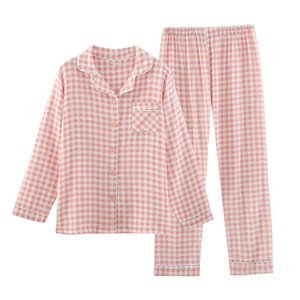 Set pigiama Plaid da donna semplice stile giapponese garza di <span class=keywords><strong>cotone</strong></span> a doppio strato leggero abbigliamento estivo per uso domestico - Product Image 5