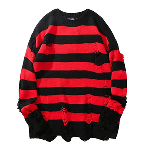 <strong>Black</strong> <strong>Red</strong> <strong>Striped</strong> Sweaters Washed Destroyed Ripped Sweater Crew Neck Men Hole Knit <strong>Jumpers</strong> Men Women Oversized Sweater Harajuku - Product Image 1