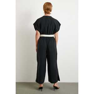 Combinaison minimaliste pour femme à manches chauve-souris, taille haute, en lin et coton noir, respirante, pour usage quotidien - Product Image 1