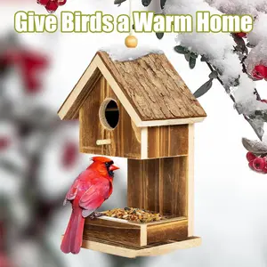 Solid Wood Bird's Nest Feeder Small Hummingbird House With Hanging Design For Outdoor Courtyard Garden Decor Pet Bowls Feeders