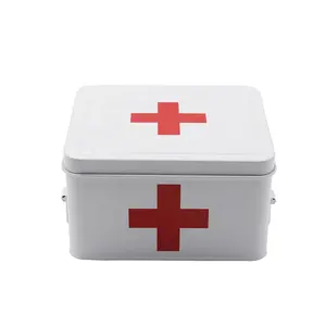 Eco-friendly branco Metal Vintage primeiros socorros caixa primeiros socorros medicina suprimentos Bin casa medicina lata armazenamento caixa