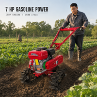 محرك بنزين 170F/7HP، آلة حراثة صغيرة مجنزرة بسلسلة مزدوجة، آلة بذر الذرة وفول الصويا، جرار زراعي مجنزر صغير، آلة حراثة