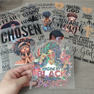 Autocollants de transfert DTF UV holographiques A5 en feuille d'or pour gobelets et carnets, avec motifs Black Girl Afro Faith Pray et impression de logo personnalisé, vente en gros - Product Image 2