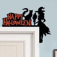 Nouveauté Décoration d'entrée d'intérieur pour fête d'Halloween, Ornement suspendu en bois motif chat noir, Panneau d'angle de porte d'Halloween en bois