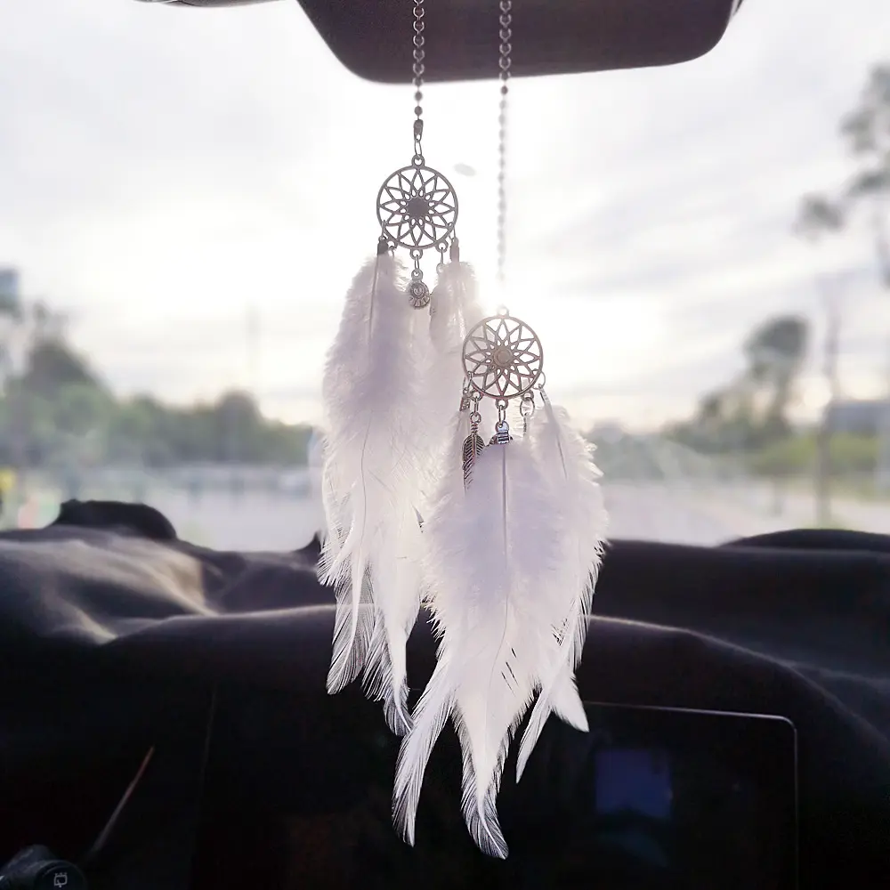 QY Indoor girl feather mirror pendant in car ethnic home decoration lucky car car mini dream catcher accessories