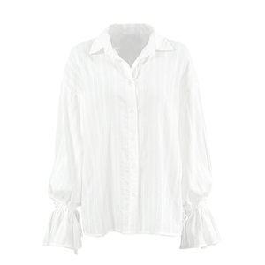 Women's <b>White</b> Striped Poplin Blouse With <b>Balloon</b> Sleeves Turn-down Collar Elegant Office Shirt Spring Summer Full Sleeve - Product Image 6