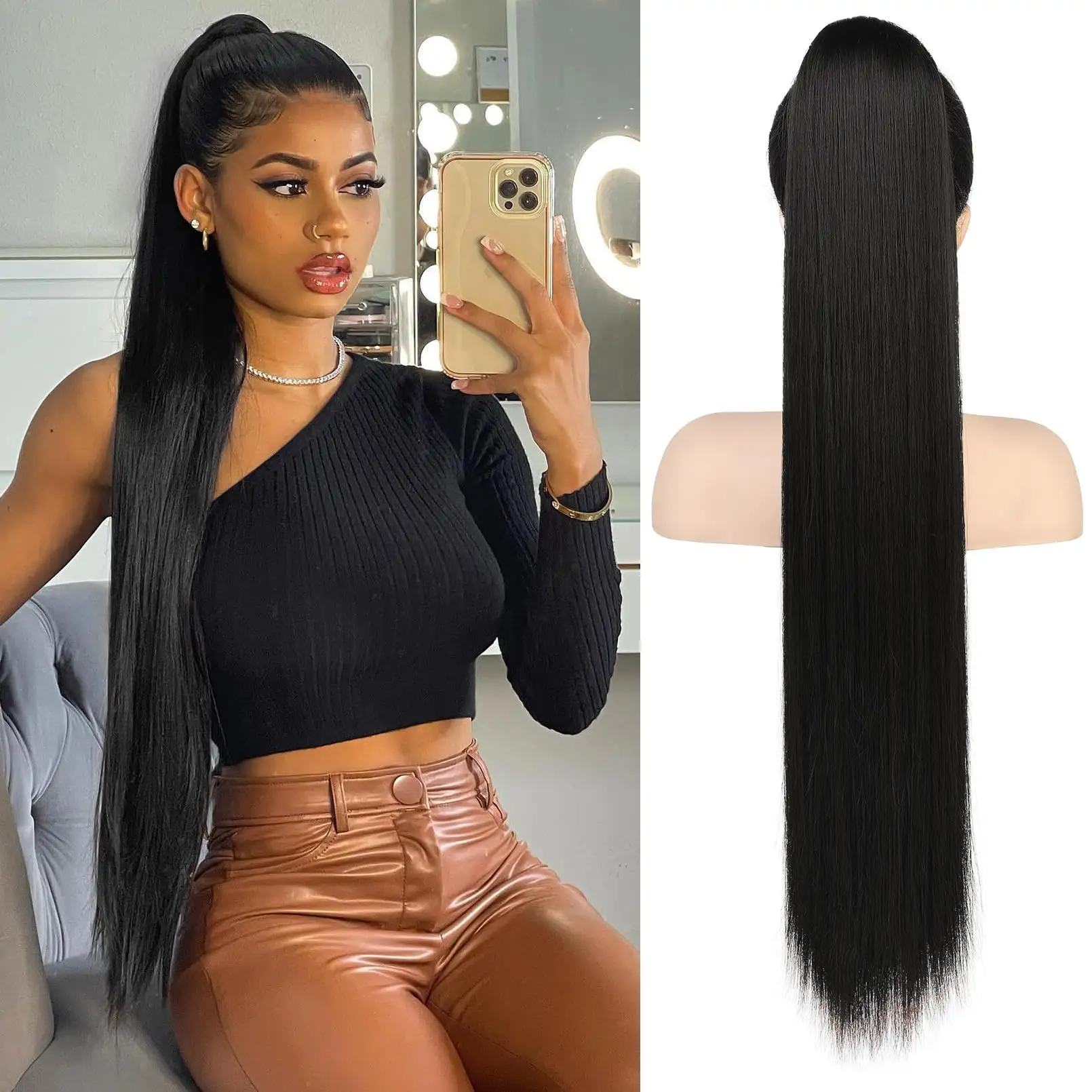 Extensões de cabelo de rabo de cavalo com cordão de fibra sintética longa e reta para mulheres 24 polegadas 60 cm com estilo longo e reto pesando 140g