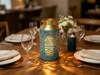 Lanterne en métal bleu sarcelle à découpes en forme de feuille, lanterne décorative portable en fer avec bordure dorée, option d'éclairage LED personnalisable