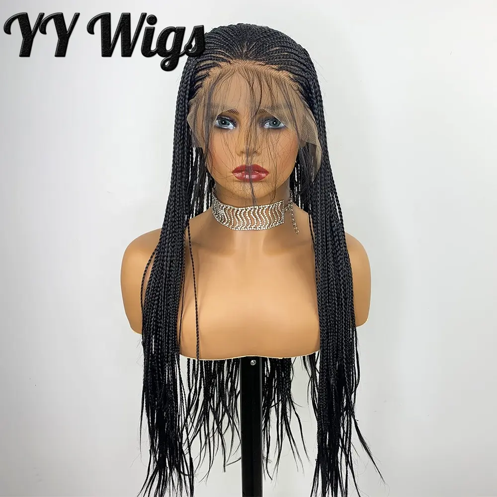 Uzun siyah kutu örgülü sentetik dantel ön peruk el yapımı 13x6 tutkalsız afrika amerikan kadınlar Fiber ücretsiz bölüm orta kap boyutu