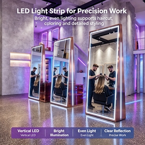 Miroir <span class=keywords><strong>de</strong></span> Barbier en Acier Inoxydable Or Rose, Miroir <span class=keywords><strong>de</strong></span> <span class=keywords><strong>Salon</strong></span> Autoportant Simple ou Double Face avec Lumière LED pour <span class=keywords><strong>Salon</strong></span> <span class=keywords><strong>de</strong></span> Coiffure - Product Image 4