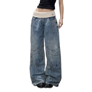 Jean ample streetwear pour <span class=keywords><strong>femme</strong></span>, coupe large, patchwork, taille plissée, délavage clair, coupe décontractée, en denim, idéal pour le <span class=keywords><strong>skate</strong></span> et le quotidien - Product Image 5