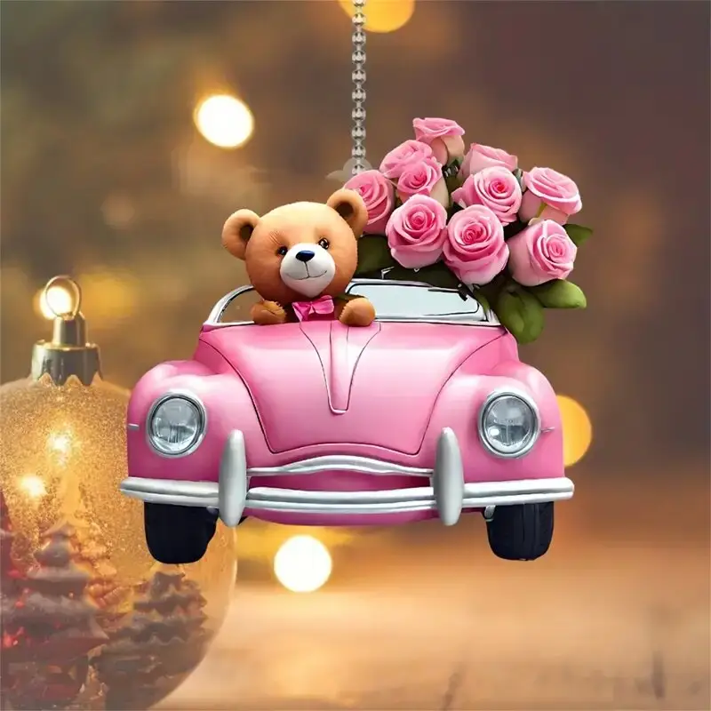 2D אקריליק תליון שטוח תליון קישוט לרכב דוב פרח רכב תרמיל מחזיק מפתחות קישוט המתנה הטובה ביותר למתנות חג