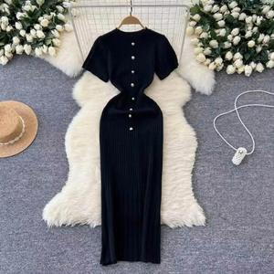 I-0619 Vestido Casual de Mujer de Primavera, de Alta Gama, Estilo Vintage, Dulce, Tipo Lápiz, Largo hasta la Rodilla, Cierre de Botón, Corte Ajustado, Manga Corta, Tejido Sólido - Product Image 6