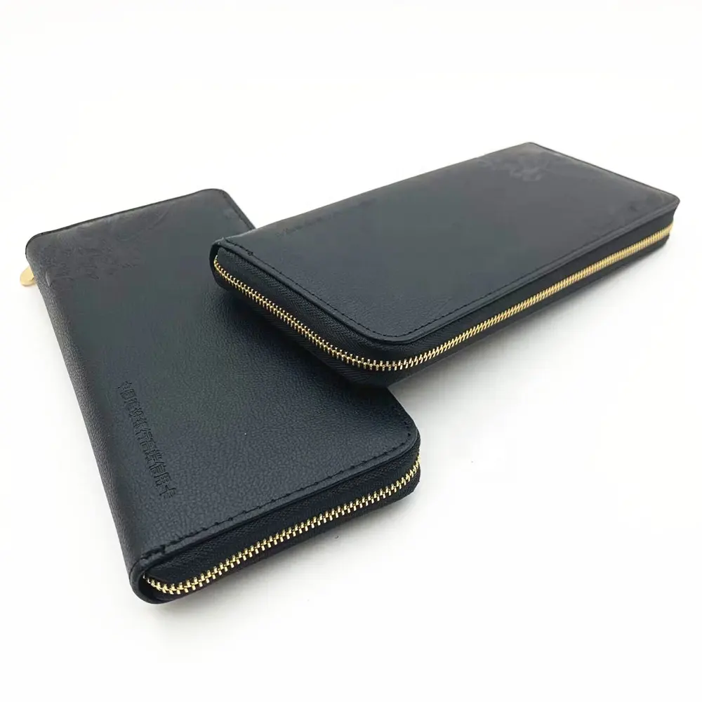 kundenspezifische luxus schwarz kunststoffleder RFID-blockierung kreditkarte lange brieftasche für herren mit handyhülle