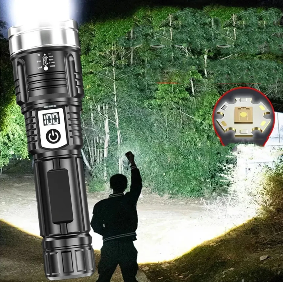 P50 White Lazer 100000 Lumens Power Bank Zoom Rechargeable Led Flashlight Long Range Powerful Torch Light Waterproof Flashlight