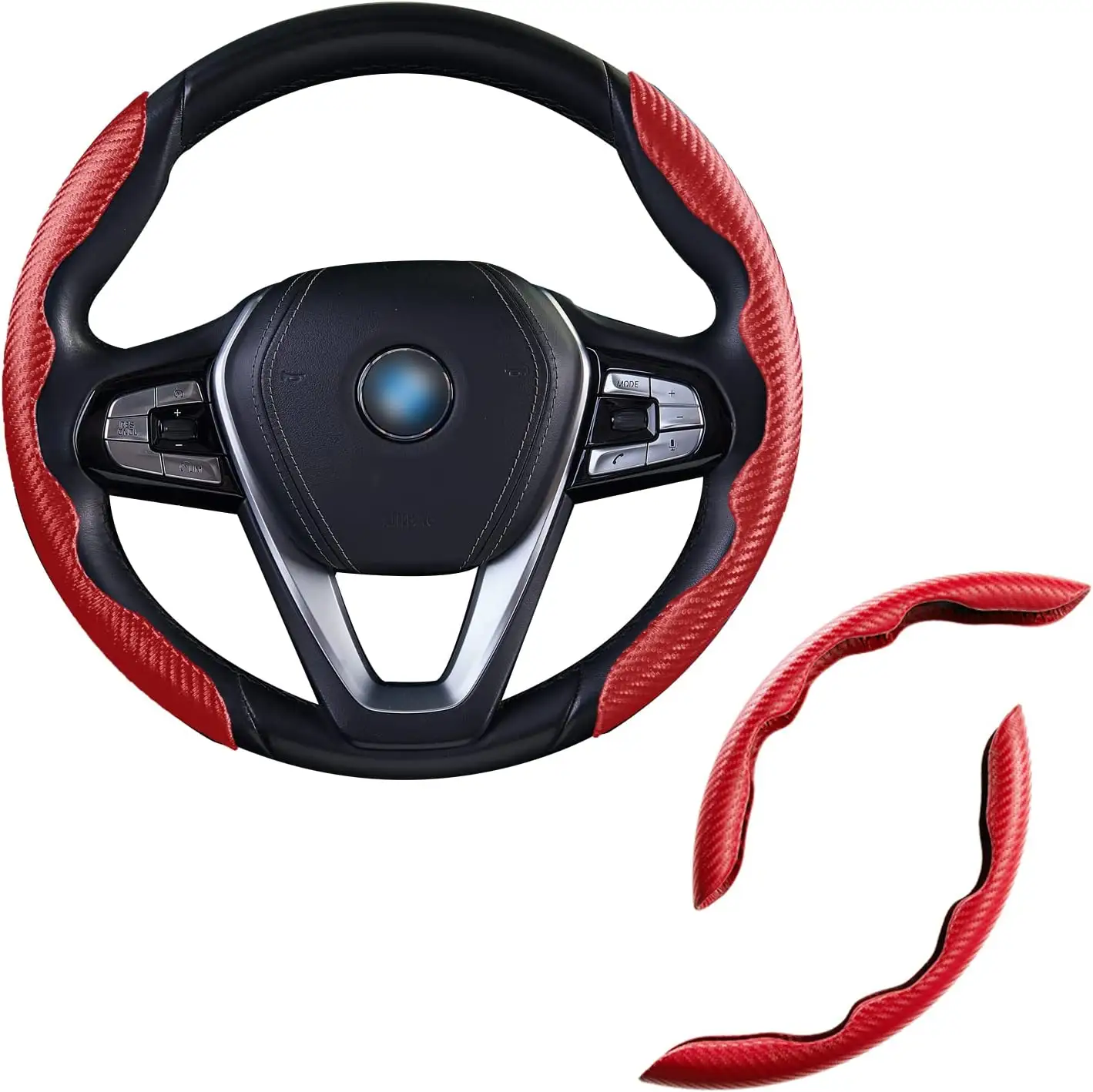 Factory price Classic 2 pcs Red Black color Snap on Carbon Fiber Anti-Skid Steering Wheel Cover