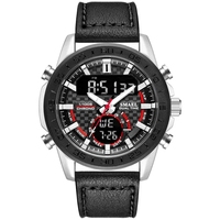 Smael 1407 multi-fonction hommes Sport montres double temps analogique Led horloge étanche en cuir véritable Quartz analogique montre numérique