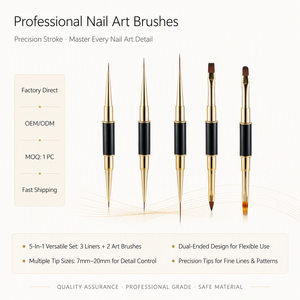 Kit de 5 pinceaux à double tête en métal noir pour nail art, pointe ultra fine et flexible pour la peinture au gel DIY en salon - Product Image 1