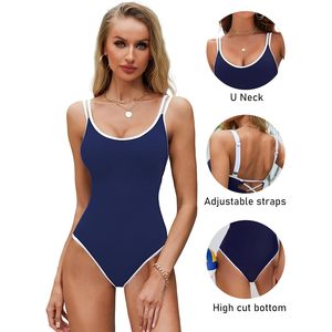 Maillot de bain une pièce côtelé pour femme, col rond, dos lacé, coupe haute, style sportif, en Spandex et Polyester, UPF50+ - Product Image 4