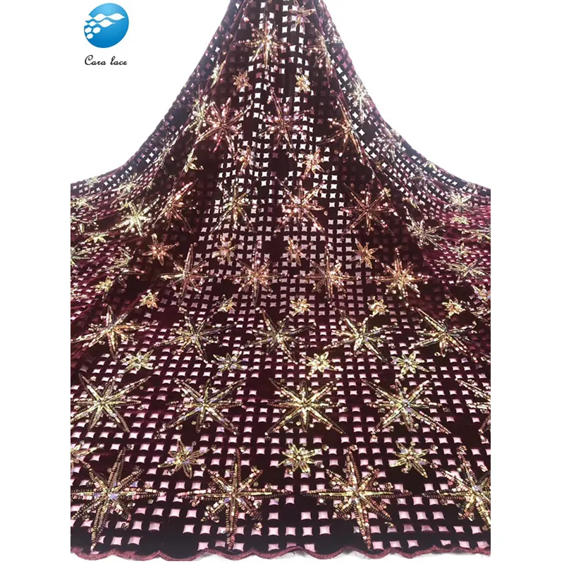 Yüksek kaliteli afrika ev nijerya dantel kumaş muhteşem bordo boncuklu pullu dantel kumaş kadife dantel kumaşlar elbise yapımı için