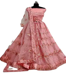 فستان نسائي Lahenga كولي, فستان نسائي هندي حصري مع بلوزة باللون الذهبي الوردي مع تطريز شبكي وتعمل بأشكال ثلاثية الأبعاد