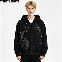 Sweat à capuche zippé OEM ODM Starry Night pour homme, noir, imprimé étoiles colorées en strass, style Y2K, streetwear, vente en gros
