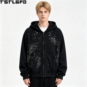 Oem Odm Starry Night Zip Hoodie Men Black Colorful Rhinestone <b>Star</b> Print Y2K Streetwear Wholesale - Product Image 1