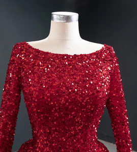ClassicalParty Dress With <strong>Red</strong> <strong>Sequins</strong> Long Sleeve Feather Bead A-Line Lady Evening Dress 2022 - Product Image 5