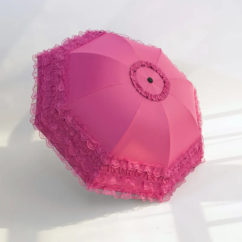 Zonnige Regenachtige Paraplu Voor Vrouwen Meisje Zomer Parasol Zwarte Coating Anti Uv Kant 3 Opvouwbare Prinses Paraplu Met Hanger