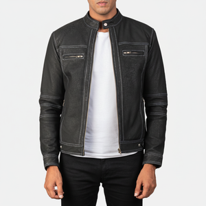 Chaqueta de Cuero Genuino para Hombre, Estilo Motero, Negra, Talla Grande, Cierre de Cremallera, Transpirable, con Forro de Piel de Oveja - Product Image 1