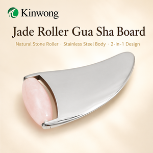 OEM <span class=keywords><strong>Rouleau</strong></span> de massage facial et corporel 2-en-1 en <span class=keywords><strong>quartz</strong></span> rose et <span class=keywords><strong>jade</strong></span>, outil de massage facial, <span class=keywords><strong>rouleau</strong></span> de massage en <span class=keywords><strong>jade</strong></span> et Gua Sha en métal - Product Image 1