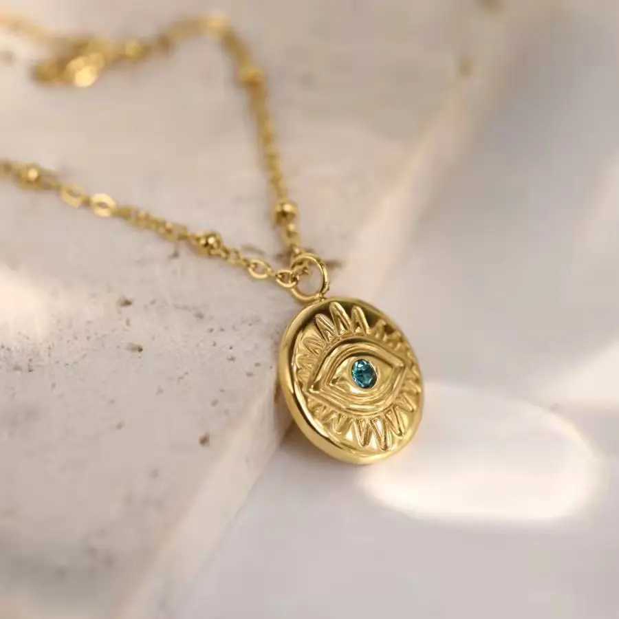 Lariat Necklace Bling Evil Eye Choker Necklace God Blue Eyes CZ Crystal Zircon 18K Gold Round Coins Stainless Steel Pendant Hot