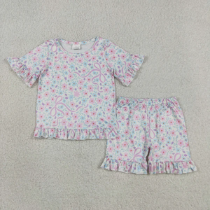 En Stock, Conjuntos de Pijamas con Lazos de Flores para Bebés y Niñas, Camisetas de Manga Corta y Pantalones Cortos - Product Image 3