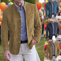 Mantel Kancing Kerah Berdiri Gaya Vintage Pria Jaket Setelan Ramping Lengan Panjang Mode Musim Gugur Pakaian Luar Kancing Sebaris