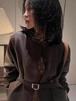 3108 haute qualité noir manches longues col montant femmes veste en cuir véritable avec ceinture