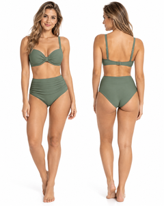 Women's Olive Green Bandeau Bikini Set <b>High</b> <b>Waist</b> Two Piece <b>Swimsuit</b> Solid Color Ruched Twist Front Stretch Swimwear - Product Image 3